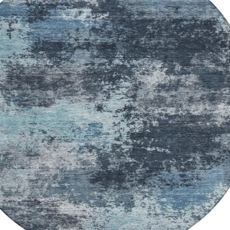8' Blue And Ivory Round Abstract Washable Indoor Outdoor Area Rug