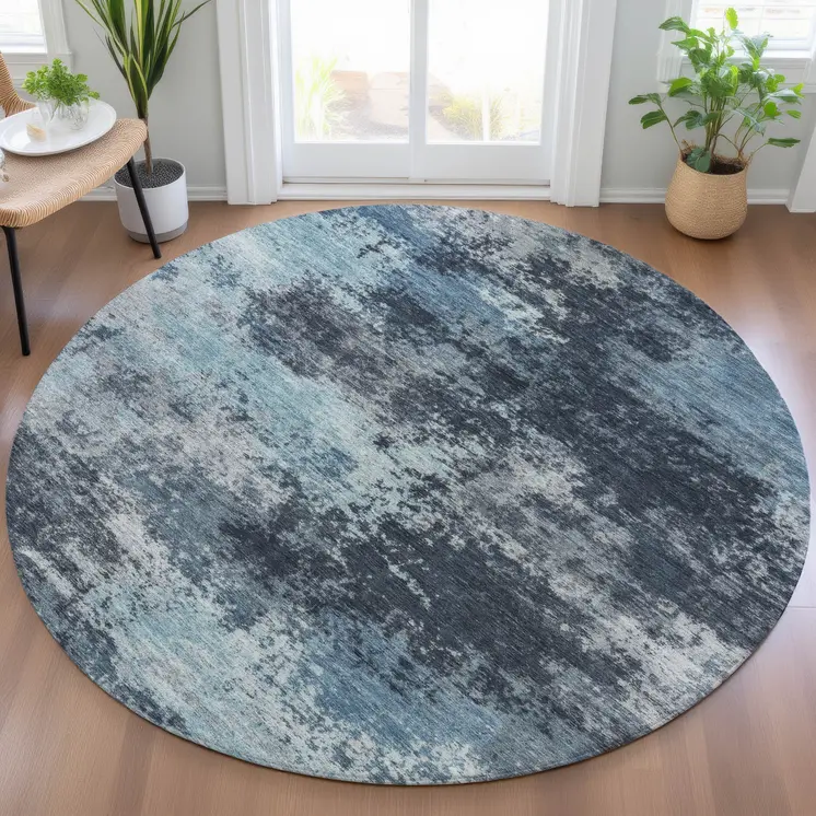 8' Blue And Ivory Round Abstract Washable Indoor Outdoor Area Rug