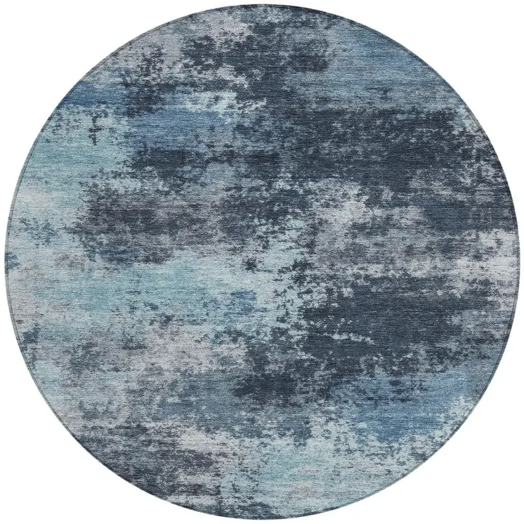 8' Blue And Ivory Round Abstract Washable Indoor Outdoor Area Rug