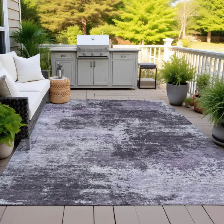 3' X 5' Purple And Ivory Abstract Washable Indoor Outdoor Area Rug