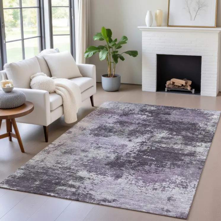 3' X 5' Purple And Ivory Abstract Washable Indoor Outdoor Area Rug