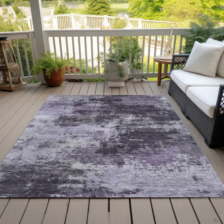 3' X 5' Purple And Ivory Abstract Washable Indoor Outdoor Area Rug