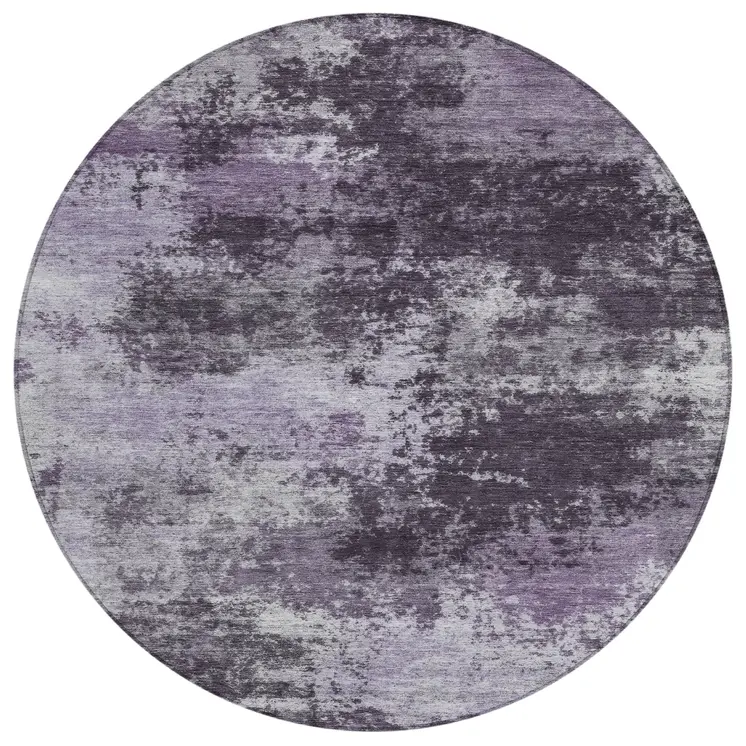 8' Purple And Ivory Round Abstract Washable Indoor Outdoor Area Rug