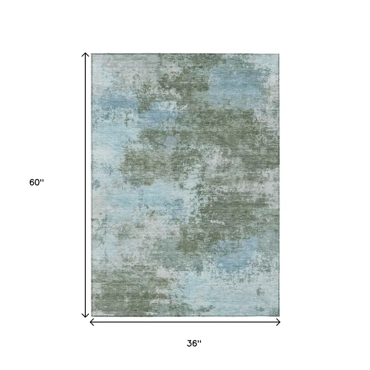 3' X 5' Sage And Denim Blue Abstract Washable Indoor Outdoor Area Rug
