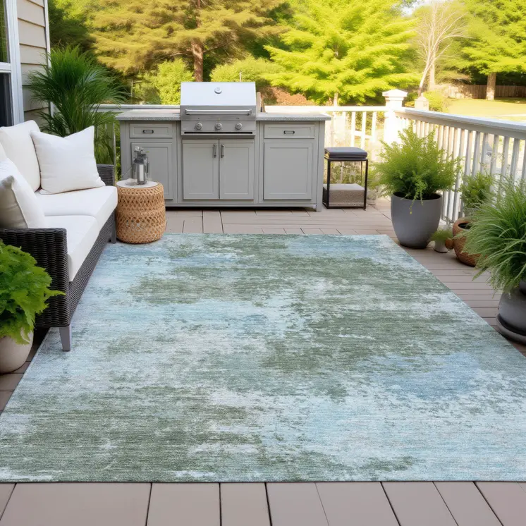 5' X 8' Sage And Denim Blue Abstract Washable Indoor Outdoor Area Rug