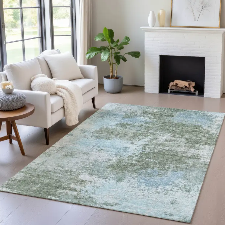 5' X 8' Sage And Denim Blue Abstract Washable Indoor Outdoor Area Rug