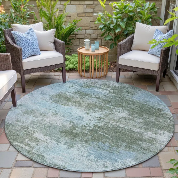 8' Sage And Denim Blue Round Abstract Washable Indoor Outdoor Area Rug