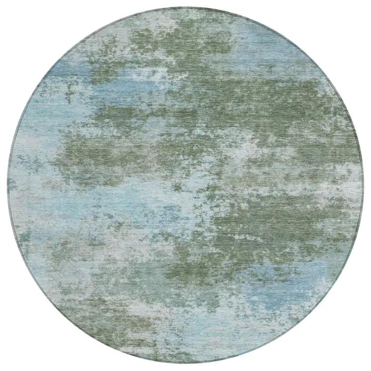 8' Sage And Denim Blue Round Abstract Washable Indoor Outdoor Area Rug