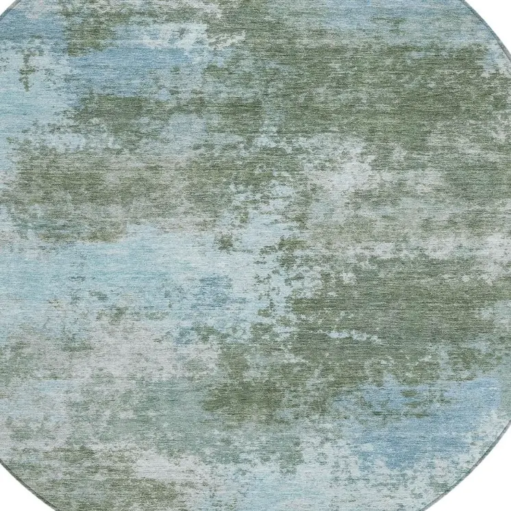 8' Sage And Denim Blue Round Abstract Washable Indoor Outdoor Area Rug