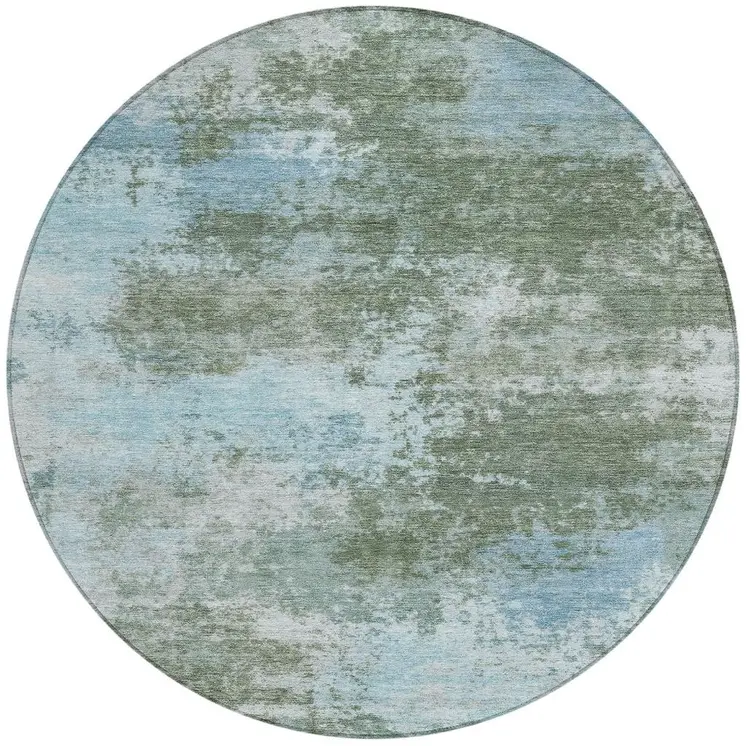 8' Sage And Denim Blue Round Abstract Washable Indoor Outdoor Area Rug