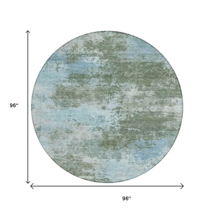 8' Sage And Denim Blue Round Abstract Washable Indoor Outdoor Area Rug