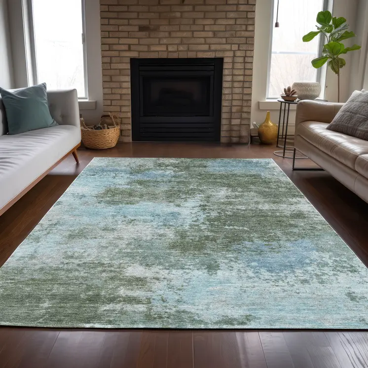 9' X 12' Sage And Denim Blue Abstract Washable Indoor Outdoor Area Rug