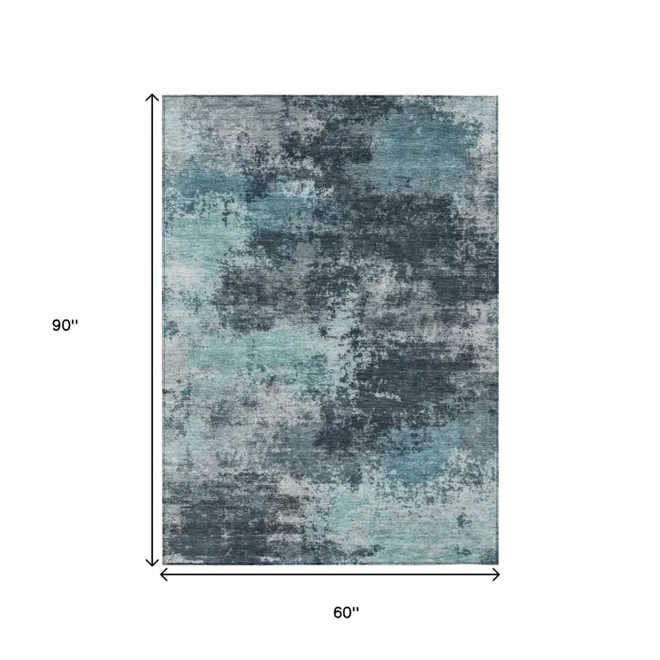 5' X 8' Teal Blue And Navy Blue Abstract Washable Indoor Outdoor Area Rug