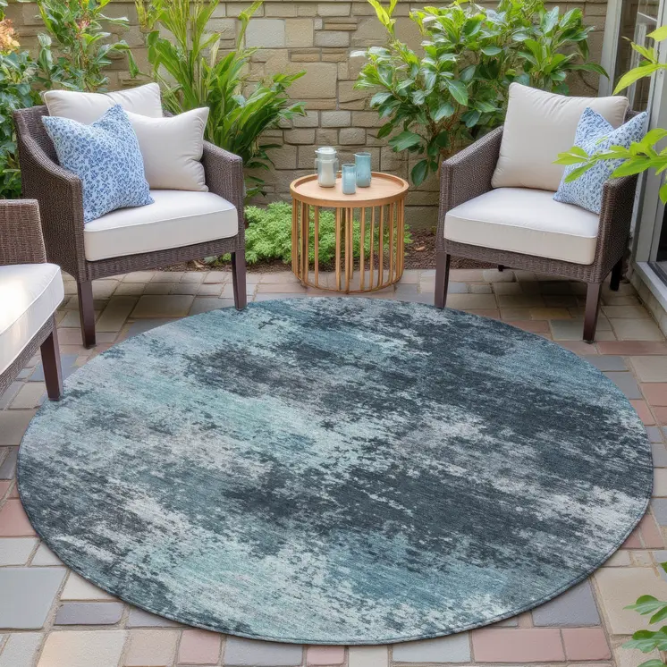8' Teal Blue And Navy Blue Round Abstract Washable Indoor Outdoor Area Rug