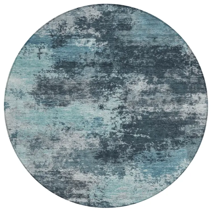 8' Teal Blue And Navy Blue Round Abstract Washable Indoor Outdoor Area Rug
