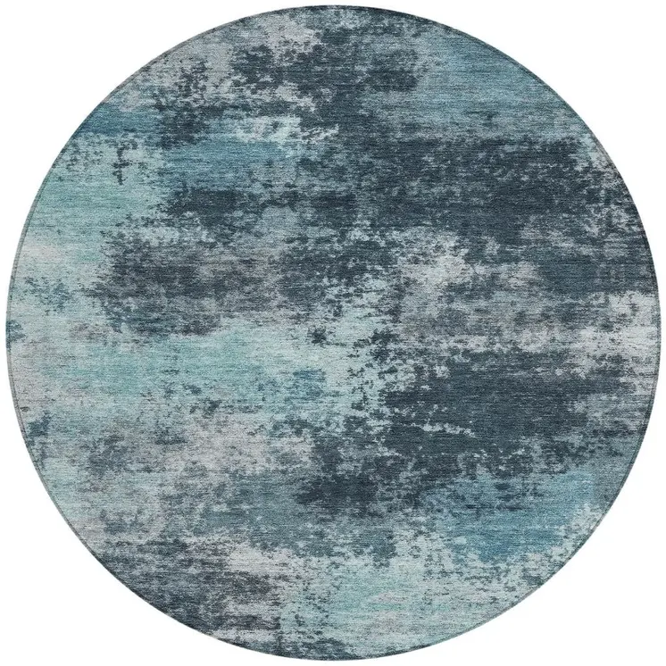 8' Teal Blue And Navy Blue Round Abstract Washable Indoor Outdoor Area Rug
