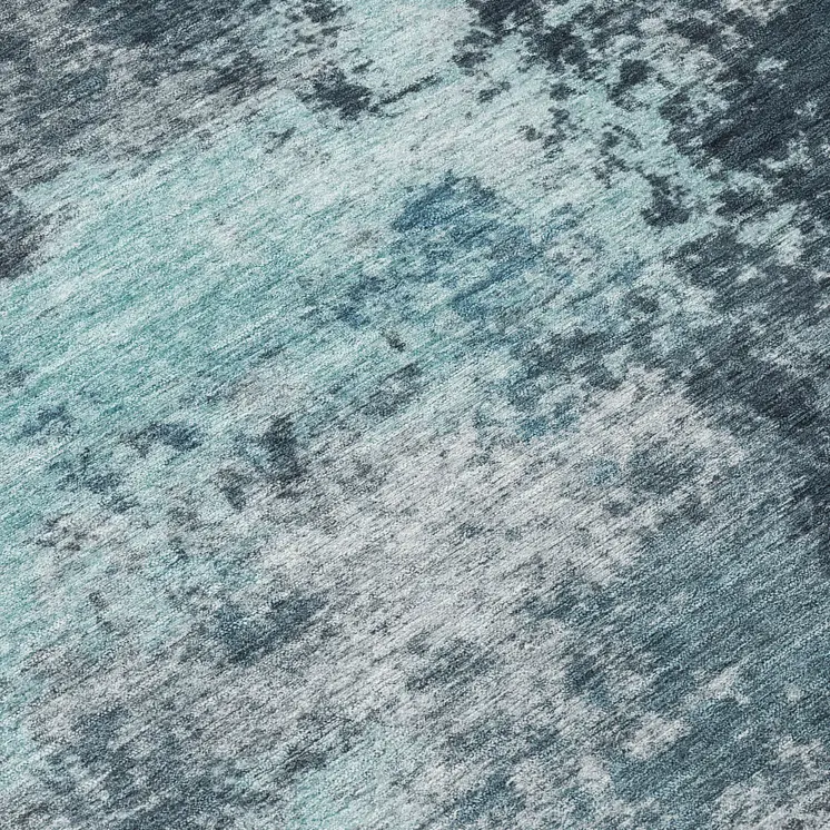 8' Teal Blue And Navy Blue Round Abstract Washable Indoor Outdoor Area Rug