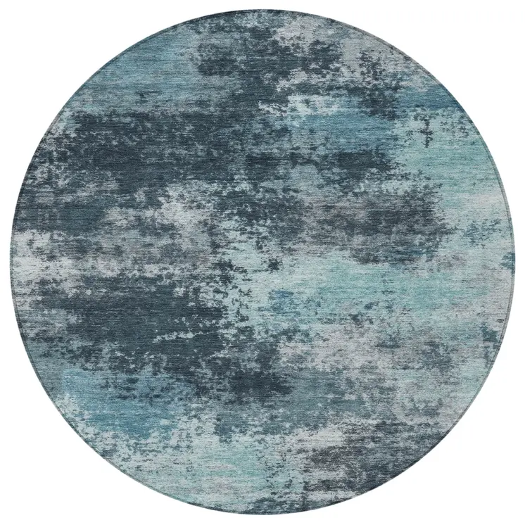 8' Teal Blue And Navy Blue Round Abstract Washable Indoor Outdoor Area Rug