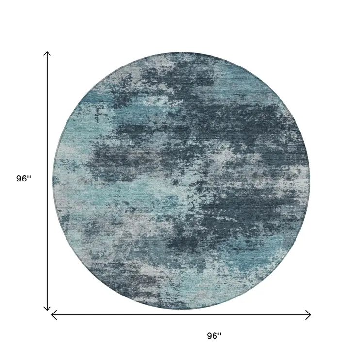 8' Teal Blue And Navy Blue Round Abstract Washable Indoor Outdoor Area Rug