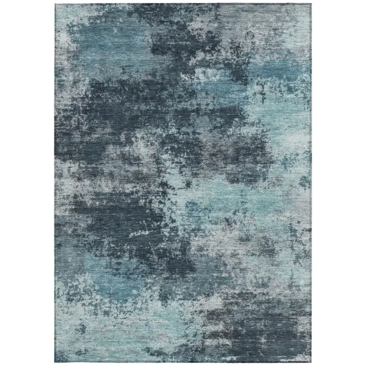 9' X 12' Teal Blue And Navy Blue Abstract Washable Indoor Outdoor Area Rug