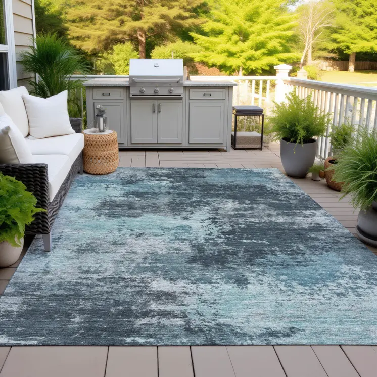 9' X 12' Teal Blue And Navy Blue Abstract Washable Indoor Outdoor Area Rug