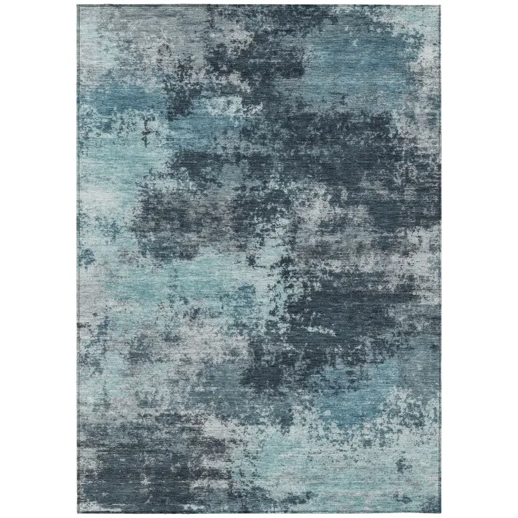 9' X 12' Teal Blue And Navy Blue Abstract Washable Indoor Outdoor Area Rug