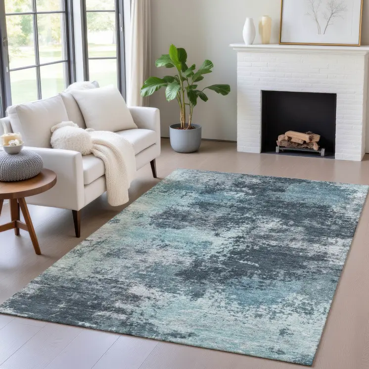 9' X 12' Teal Blue And Navy Blue Abstract Washable Indoor Outdoor Area Rug
