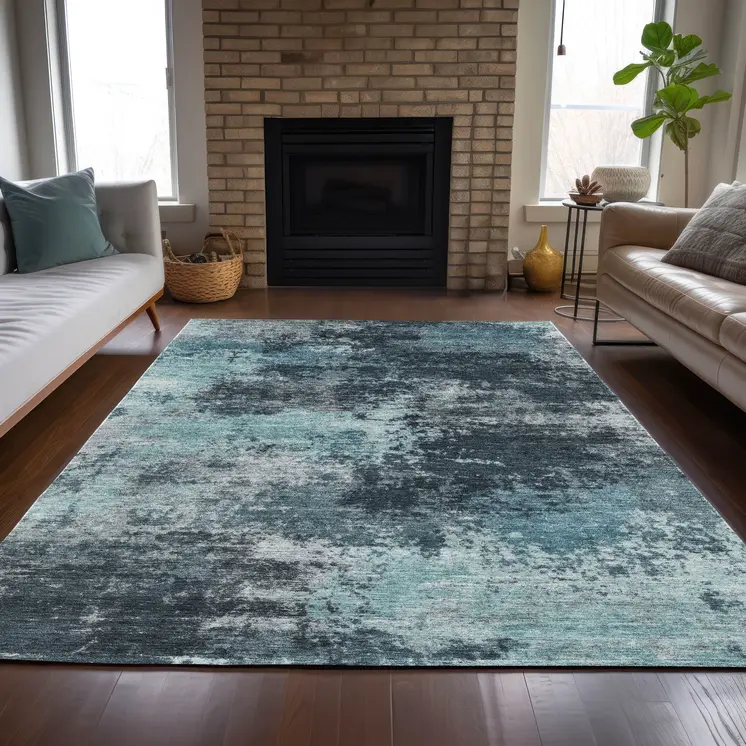 9' X 12' Teal Blue And Navy Blue Abstract Washable Indoor Outdoor Area Rug