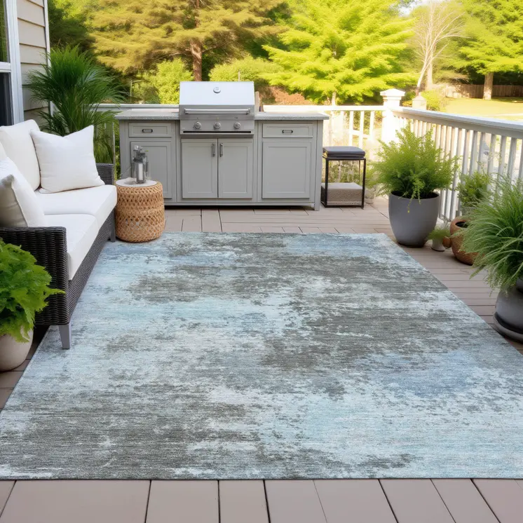 5' X 8' Taupe And Sky Blue Abstract Washable Indoor Outdoor Area Rug