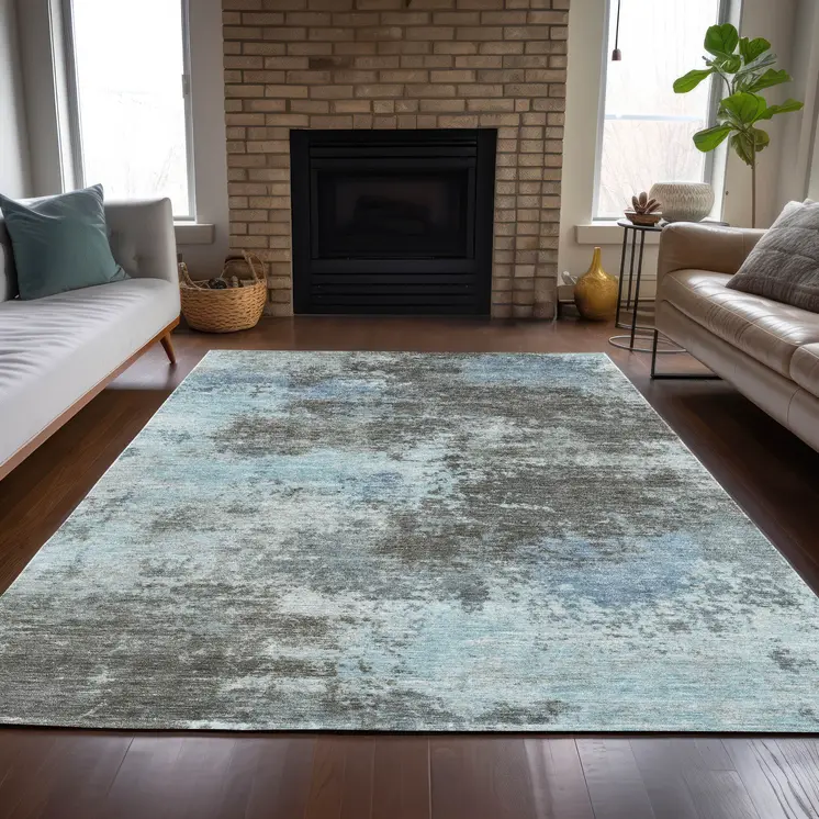 5' X 8' Taupe And Sky Blue Abstract Washable Indoor Outdoor Area Rug