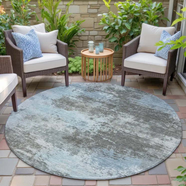 8' Taupe And Sky Blue Round Abstract Washable Indoor Outdoor Area Rug