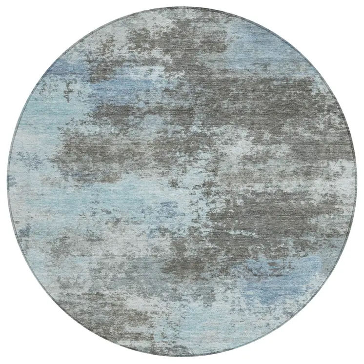 8' Taupe And Sky Blue Round Abstract Washable Indoor Outdoor Area Rug