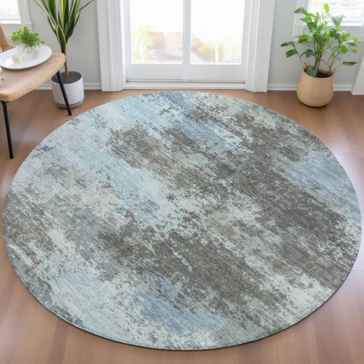 8' Taupe And Sky Blue Round Abstract Washable Indoor Outdoor Area Rug