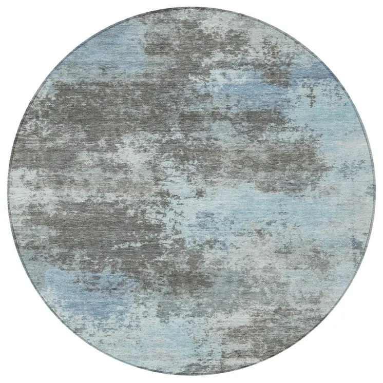 8' Taupe And Sky Blue Round Abstract Washable Indoor Outdoor Area Rug