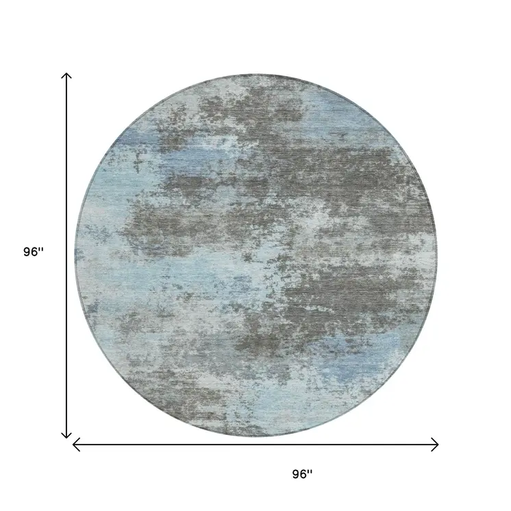 8' Taupe And Sky Blue Round Abstract Washable Indoor Outdoor Area Rug
