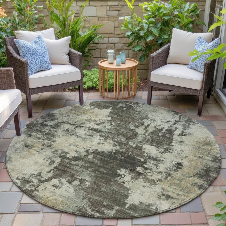 8' Brown And Beige Round Abstract Washable Indoor Outdoor Area Rug