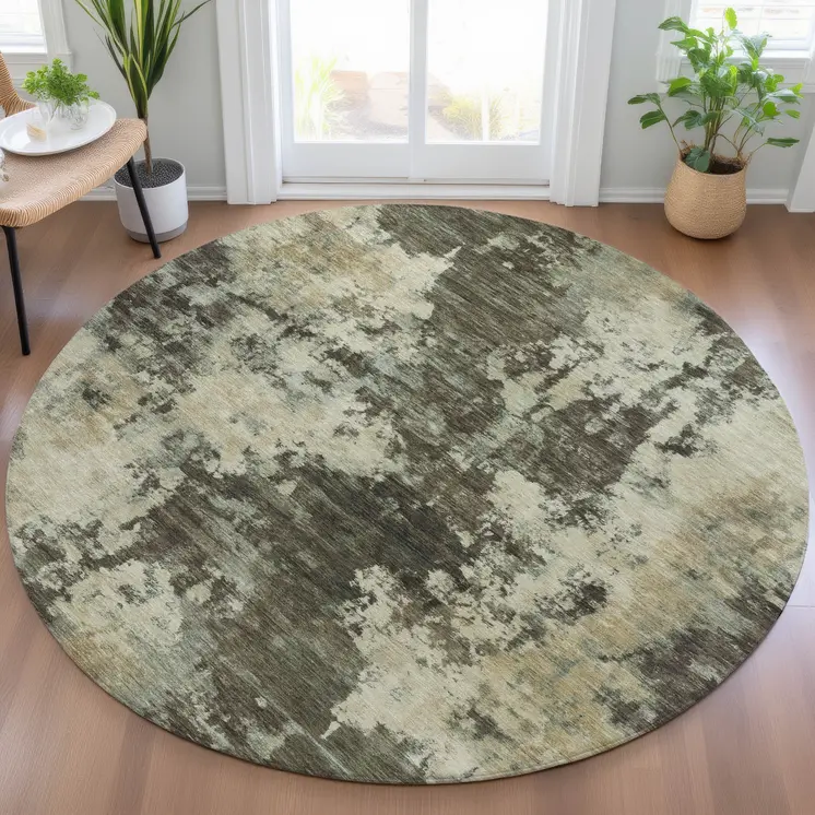 8' Brown And Beige Round Abstract Washable Indoor Outdoor Area Rug