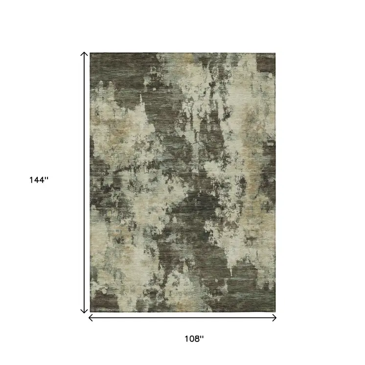 9' X 12' Brown And Beige Abstract Washable Indoor Outdoor Area Rug