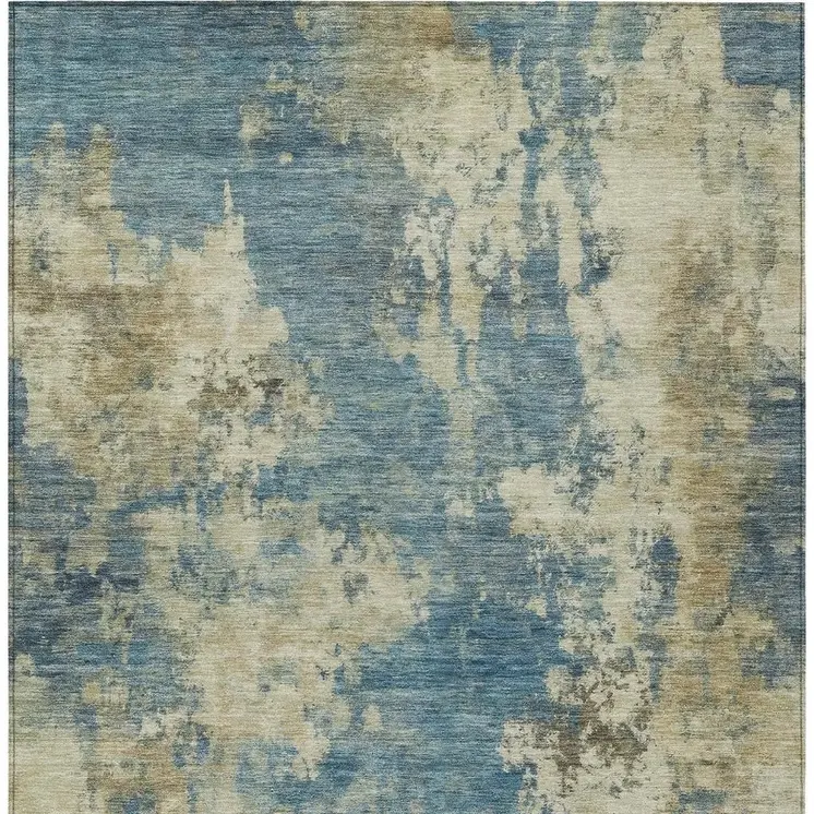 5' X 8' Blue And Beige Abstract Washable Indoor Outdoor Area Rug