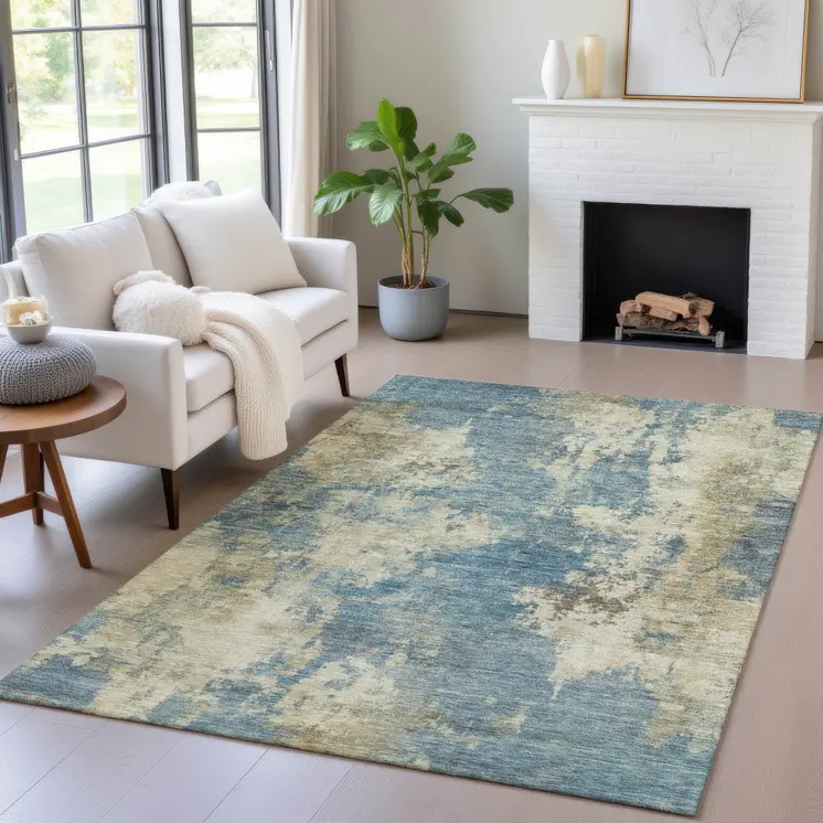 5' X 8' Blue And Beige Abstract Washable Indoor Outdoor Area Rug