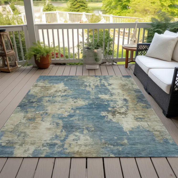 5' X 8' Blue And Beige Abstract Washable Indoor Outdoor Area Rug