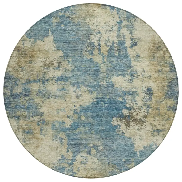 8' Blue And Beige Round Abstract Washable Indoor Outdoor Area Rug