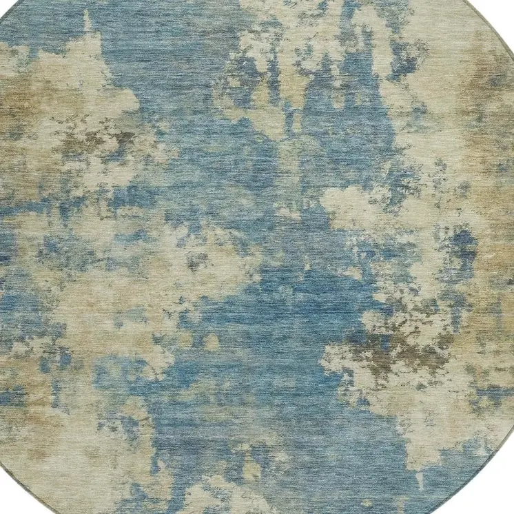 8' Blue And Beige Round Abstract Washable Indoor Outdoor Area Rug