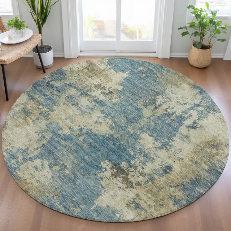8' Blue And Beige Round Abstract Washable Indoor Outdoor Area Rug