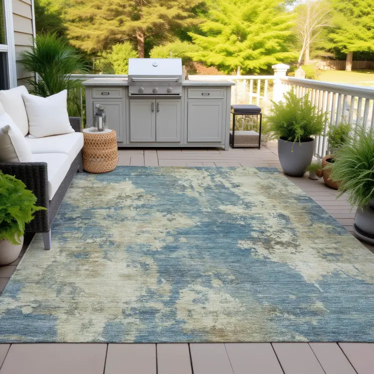 8' X 10' Blue And Beige Abstract Washable Indoor Outdoor Area Rug