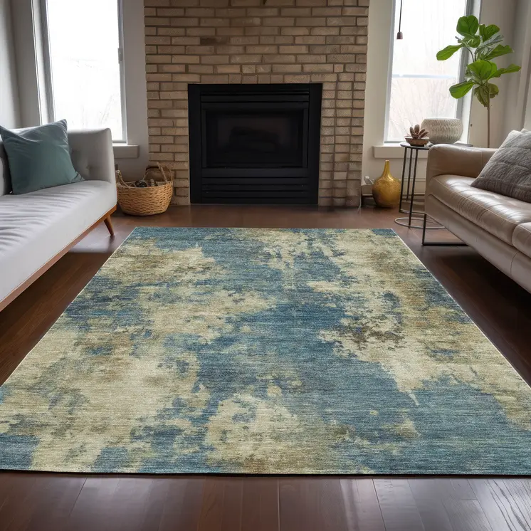 10' X 14' Blue And Beige Abstract Washable Indoor Outdoor Area Rug