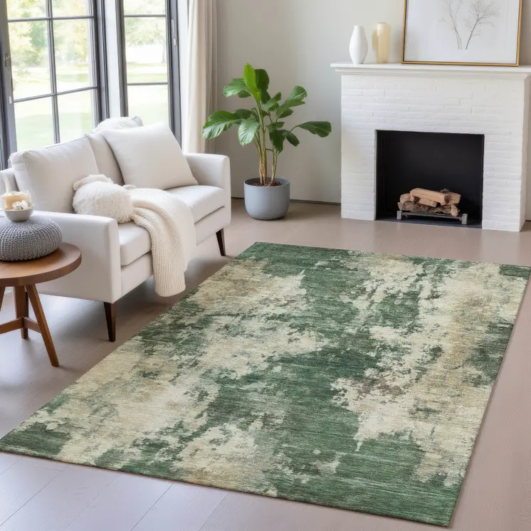 5' X 8' Fern Green And Beige Abstract Washable Indoor Outdoor Area Rug