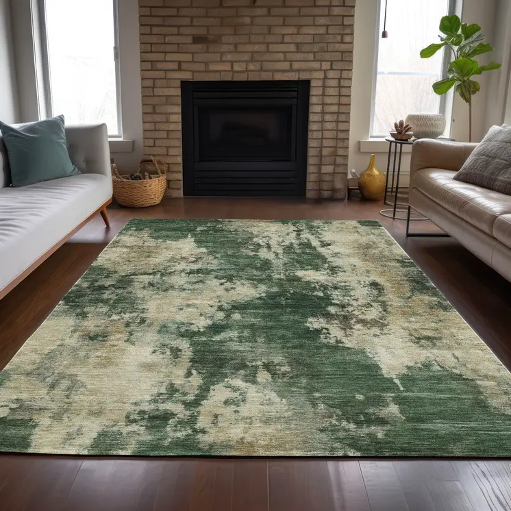 5' X 8' Fern Green And Beige Abstract Washable Indoor Outdoor Area Rug
