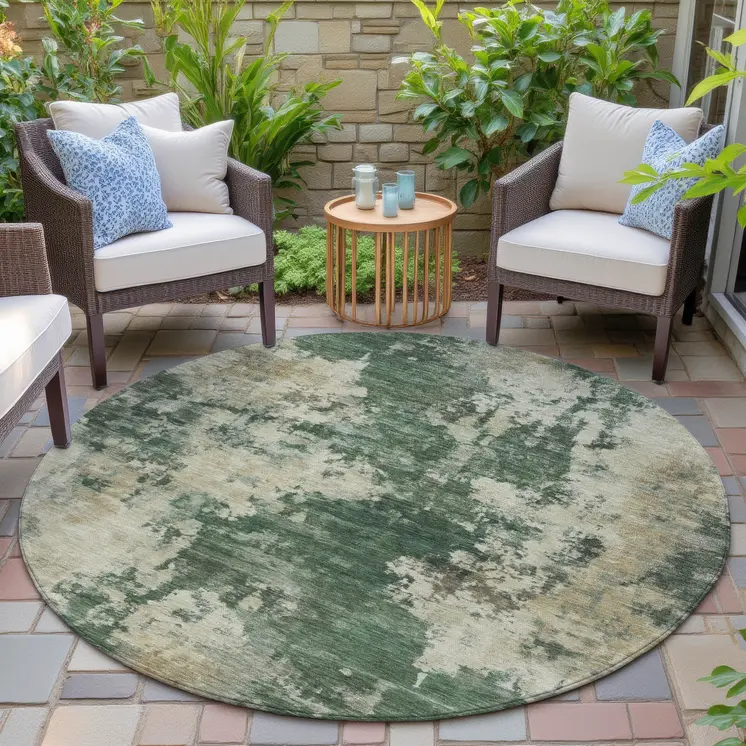 8' Fern Green And Beige Round Abstract Washable Indoor Outdoor Area Rug