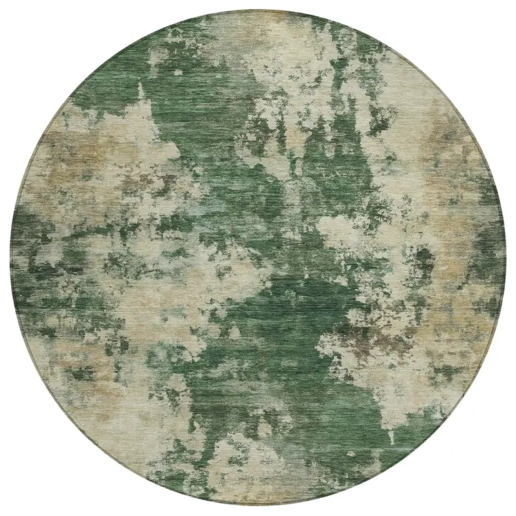 8' Fern Green And Beige Round Abstract Washable Indoor Outdoor Area Rug